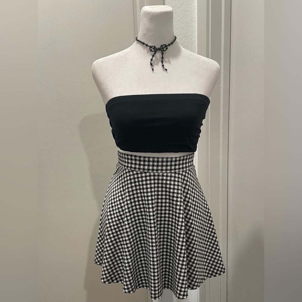 Forever 21 Black & White Gingham Plaid Checkered Fit & Flare Mini Skirt - S